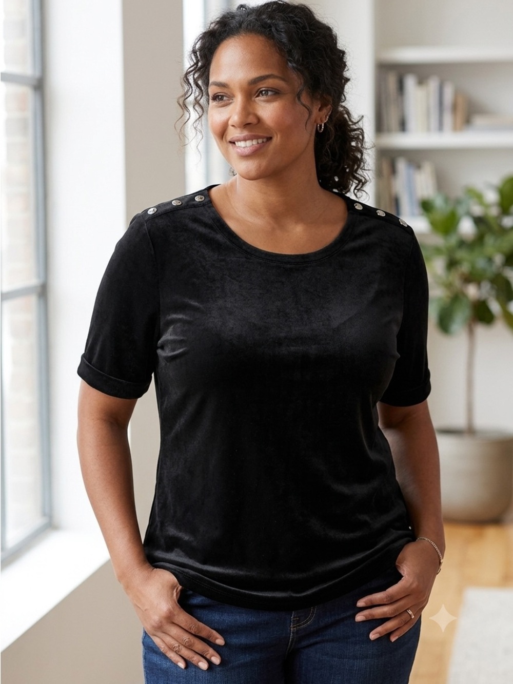 CHICO’S Short-sleeve Metallic Button Design Blouse - Picture 1 of 6